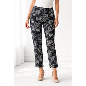 OSCAR DE LA RENTA Women's Pants Floral Black White Size 12 Ankle Stretch Career